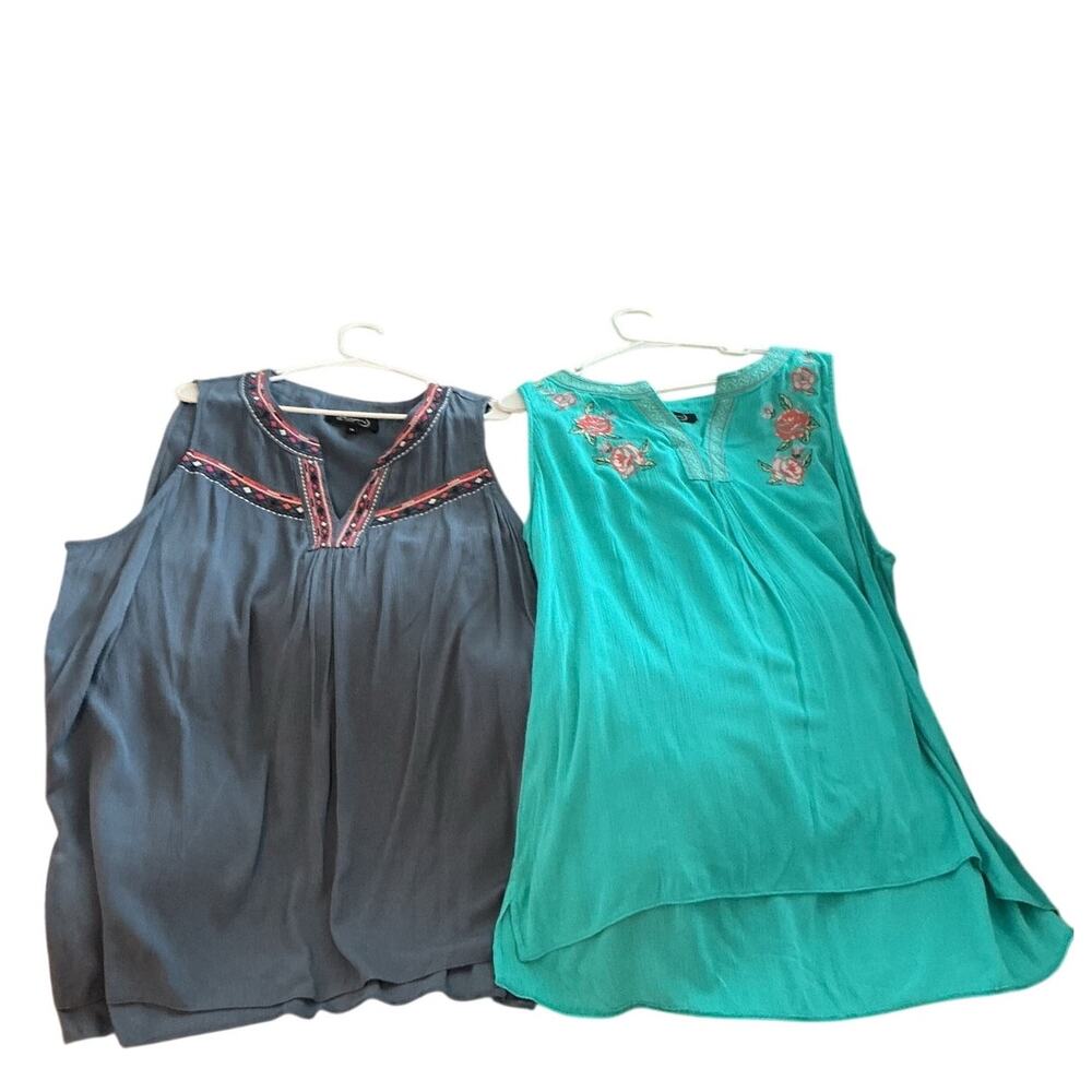 Whispers Womens Boho Embroidered Tank Set of 2 Plus Size 1X Blue Summer Top